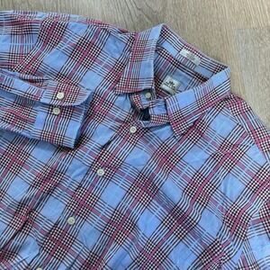 Peter Millar Glen Plaid Button Down Shirt Mens Large Blue Red Long Sleeve Cotton